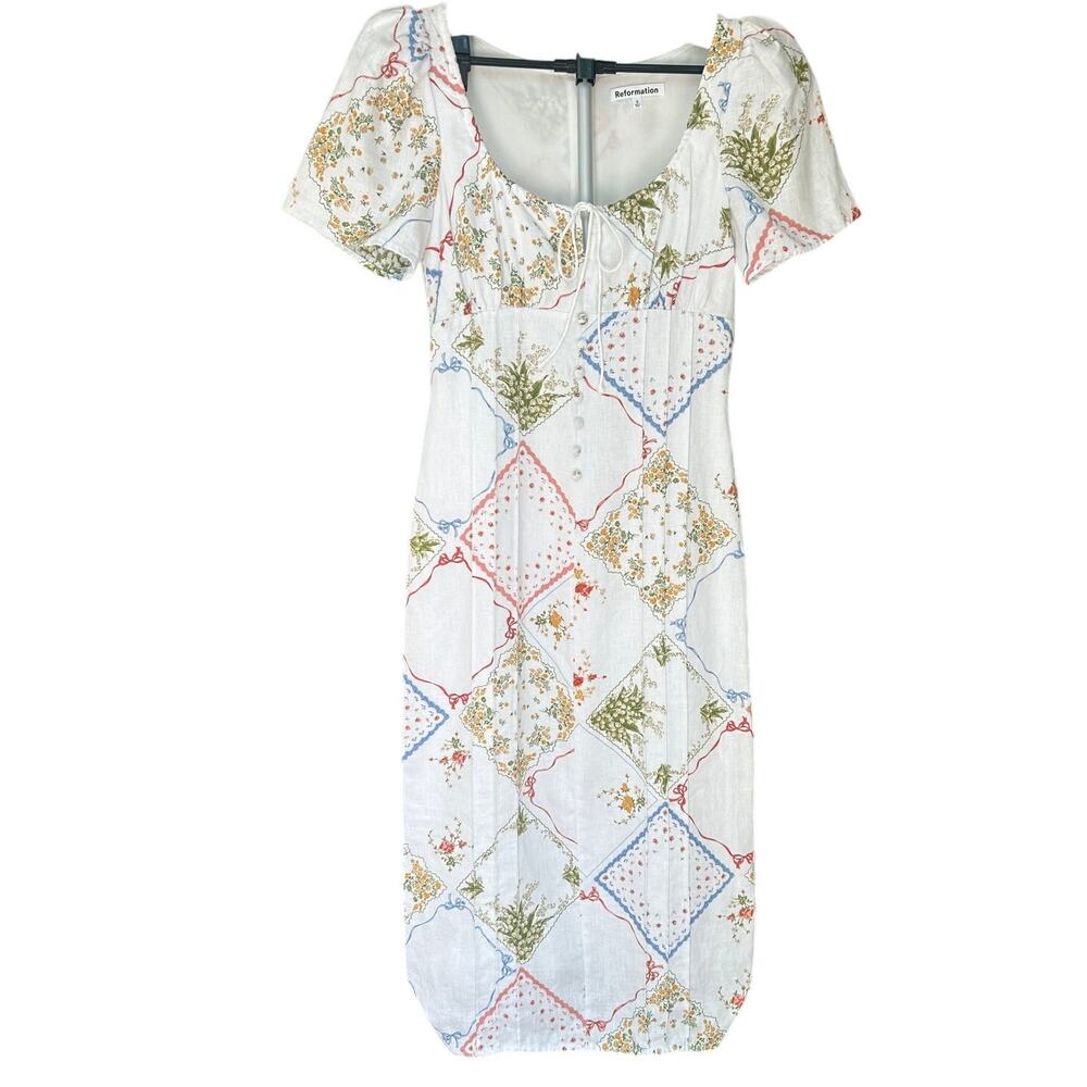 Rare Reformation Pierce Linen Midi Dress Coquette Floral Bows Size 0 Fits 2/4 S - Picture 2 of 8